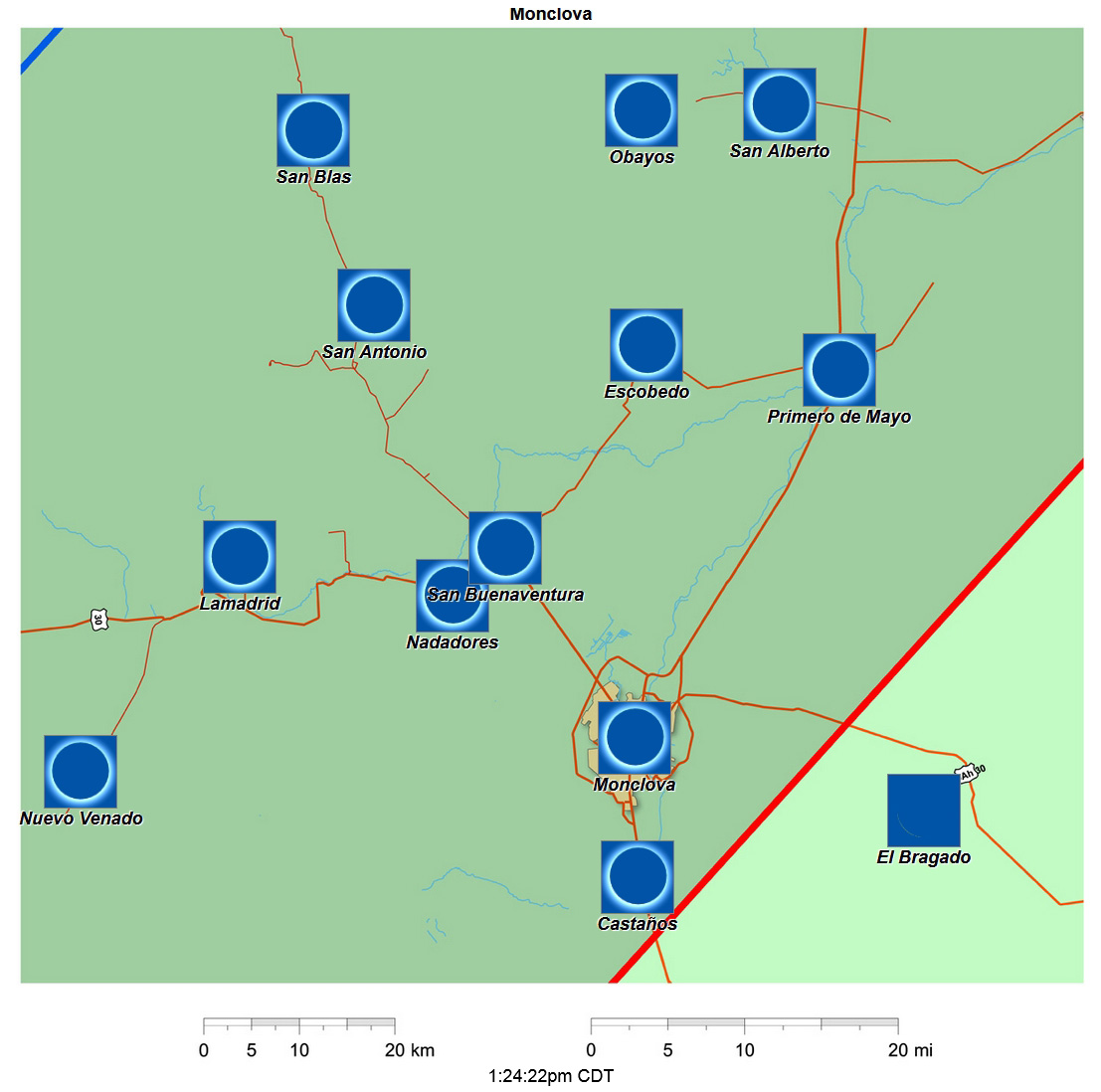 Interactive 2024 eclipse map for Monclova