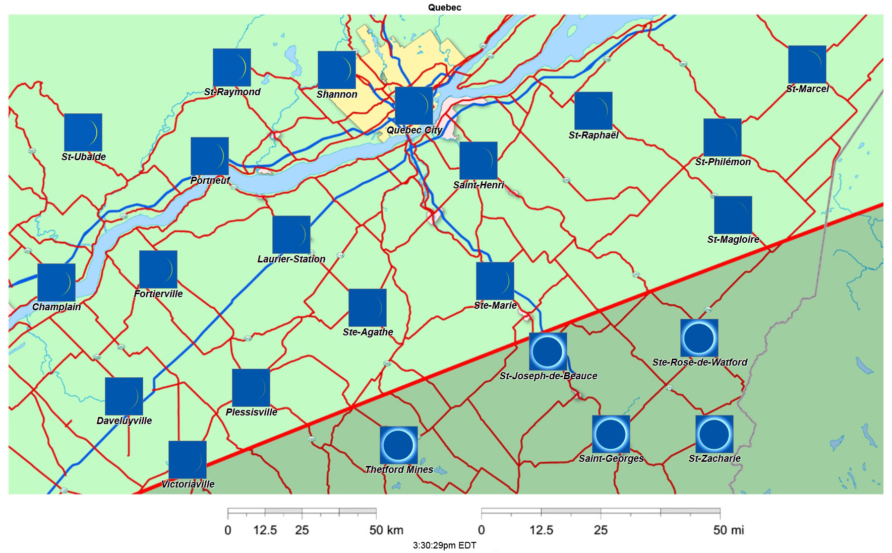 Interactive 2024 eclipse map for Quebec City