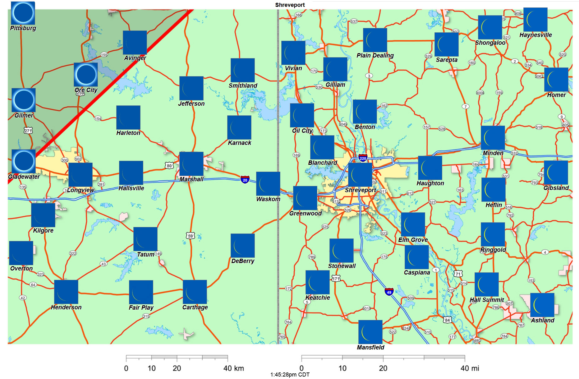 Interactive 2024 eclipse map for Shreveport